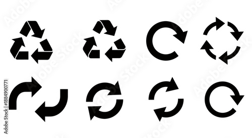 Set of black recycling and refresh arrow icons in various circular designs.