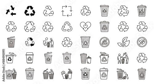 Set of various black recycling and waste management icons for environmental awareness and sustainability.