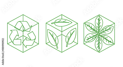 Set of three green eco friendly and sustainable environment icons.