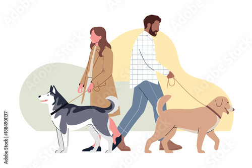 Diverse couple walking their dogs on leashes outdoors, enjoying a peaceful stroll.