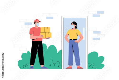 An illustration of a delivery person wearing a face mask handing packages to a woman standing in a doorway, both maintaining social distancing.