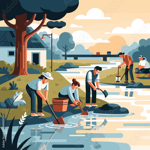 Community river cleaning, environmental conservation, people working together