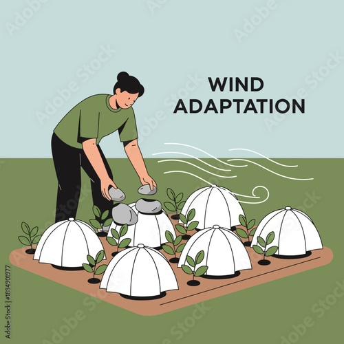 Gardener places stones on plant covers for wind protection, wind adaptation concept