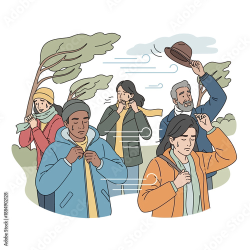 People battling strong winds and stormy weather