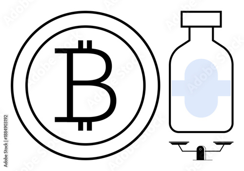 Finance, medicine, innovation, legality, blockchain, healthcare. A Bitcoin symbol beside a medicine bottle and scale of justice. Finance and medicine intersection with legality and innovation