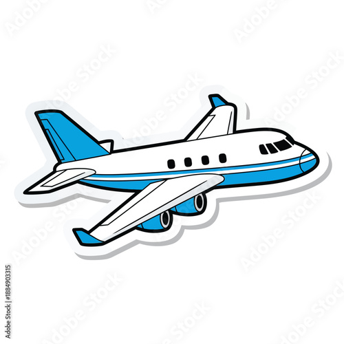 Cartoon Blue and White Jet Airplane Sticker Illustration
