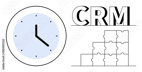 CRM concept. CRM features ed by a clock for time management and puzzles for structured workflow. CRM supports customer retention via organization, data, and strategy. Perfect for business, marketing