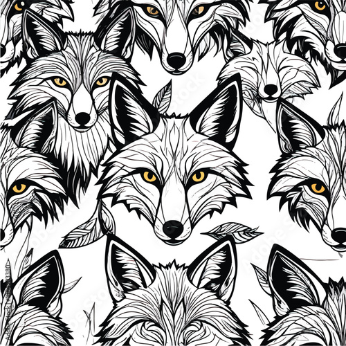 Seamless Pattern of Stylized Wolf Faces with Yellow Eyes on Black