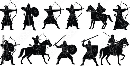 Medieval warriors silhouettes, archers and knights, battle poses, sword and shield, horseback fighters, ancient army, historical combat, black shadow, vector set