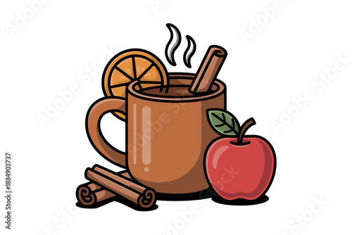 A warm and inviting illustration of a mug of apple cider with cinnamon sticks and a fresh apple
