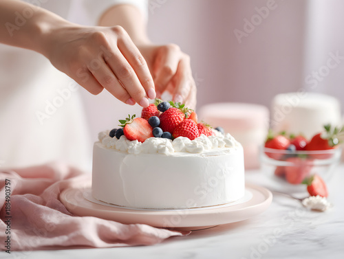 ホールケーキにベリーをデコレーションしている工程