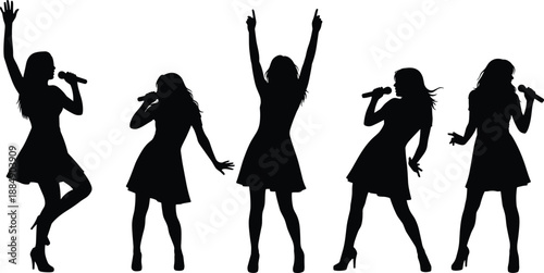 Female singer silhouettes, microphone performance, pop star poses, live concert, music show, stage dancing, black shadow, artistic style, entertainment, vector, collection, vocal