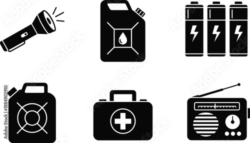 Emergency survival icons, flashlight, fuel can, batteries, first aid kit, radio, disaster preparedness, safety tools, black silhouette, vector set, equipment