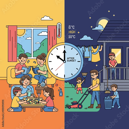 Day and Night Activities: Family time indoors and outdoors, household chores