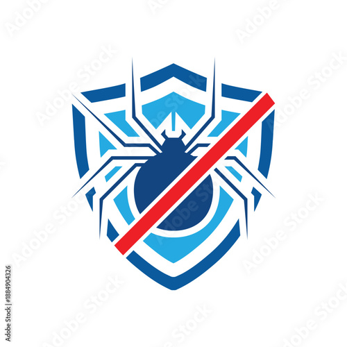 this is a flat logo design that depicts a shield with an insect in blue color with a red line crossing it. It can be used for bug or pest Control Company related logo.