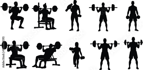 Gym workout silhouettes, weightlifting exercises, barbell and dumbbell training, strength fitness routine, bodybuilding poses, athletic bodies, workout positions, black icons, vector set, power
