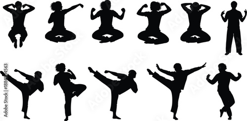 Martial arts silhouettes collection, black vector illustration of yoga poses, karate kicks, fitness training, fighting stances for sport, health, design
