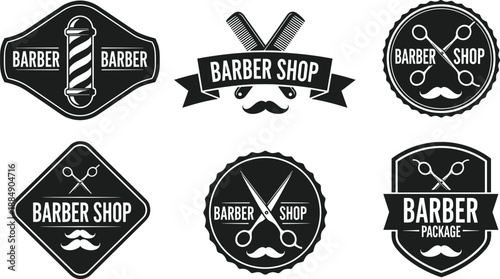 Barber shop logo set, black vector vintage badges with scissors, combs, mustache, and pole icons for salon, branding, design