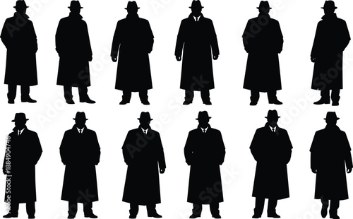 Detective silhouettes collection, black vector set of men in trench coats and hats, noir mystery characters for crime, spy, design, branding