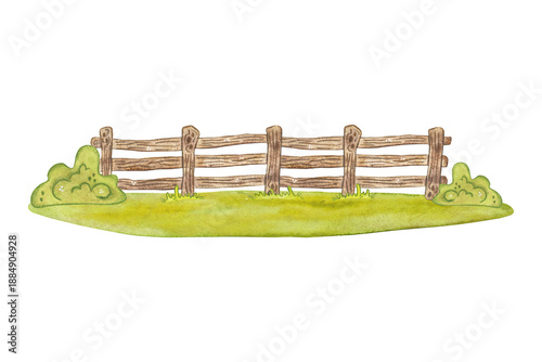 Wooden fence on a green lawn. Hand-drawn watercolor illustration, cartoon. Design for postcards and invitations. Village, farm, building, nature. High quality illustration