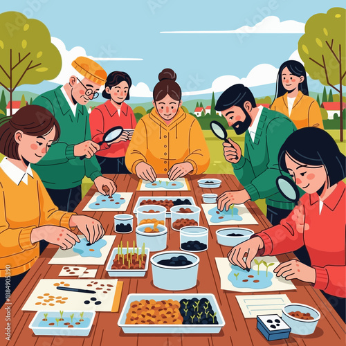Diverse people examine seeds and seedlings in outdoor workshop