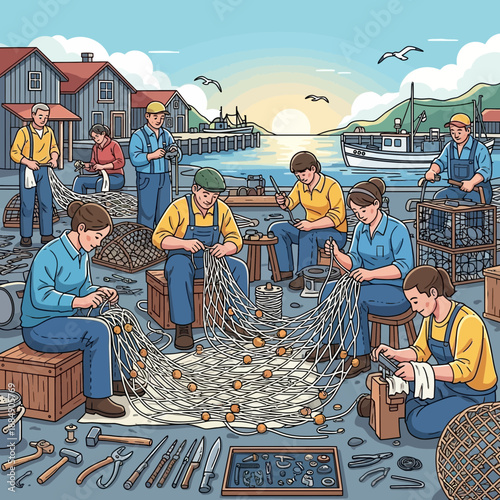 Fishermen repairing nets by the sea at sunrise, coastal village scene