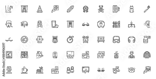 Time to Sleep icon set. Minimal vector icons for bedtime routine, sleep aids, and relaxation. Includes symbols for alarm clock, teddy bear, pajamas, dreamcatcher, blanket, and more. Editable stroke.