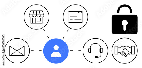 User network. Visualizing user connections with email, commerce, security, and support icons. User network s security and communication. For technology, business, data