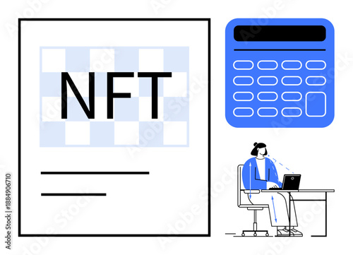 NFT concept. NFT highlighted with digital calculator and professional at computer in a stylized graphic. NFT adoption expanding in digital art, blockchain, cryptocurrency, e-commerce, and finance