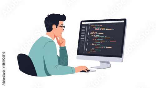 A focused male programmer wearing glasses intently reviews lines of code on a computer monitor, engaged in deep thought.