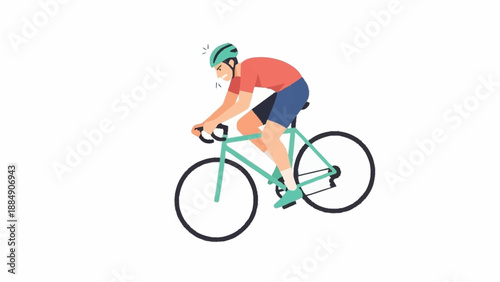 An energetic male cyclist wearing a helmet and sportswear vigorously pedals his road bike, showing intense exertion.