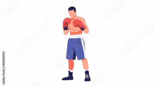 A male boxer stands in a ready fighting stance, wearing red gloves and blue shorts, prepared for a match or training.