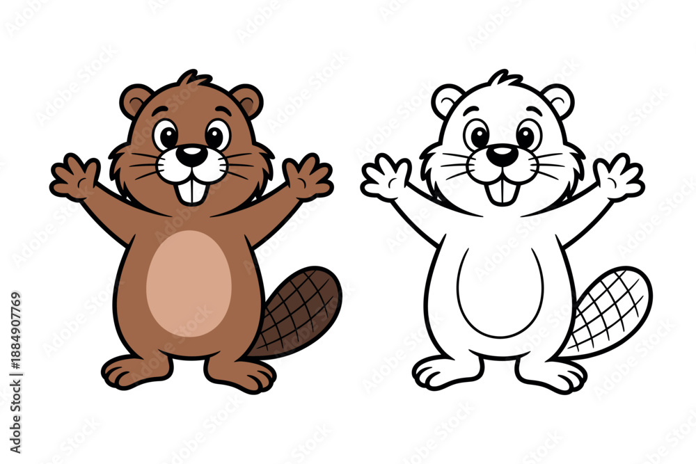Fototapeta premium A colorful cartoon beaver and its black and white line art version standing side by side with their paws raised