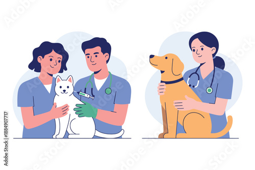 Caring veterinarians tending to a cat and a dog with gentle expertise.
