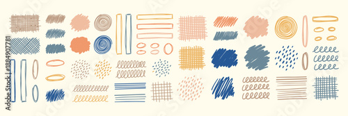 Whimsical kids doodle hand drawn texture set of colorful scribbles and brush strokes on cream background, playful flat seamless collection style