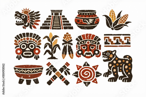 Pipil indigenous culture icons in torn vector texture style