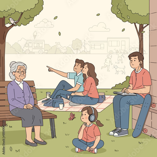 Family picnic in the park with diverse generations enjoying leisure time outdoors