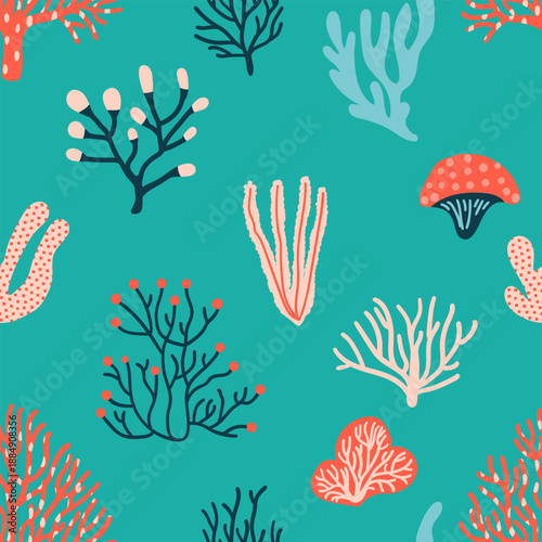 Colorful marine seamless pattern with abstract coral shapes on teal background, seamless pattern ideal for fabric, wallpaper, packaging, ocean themed branding, summer decor