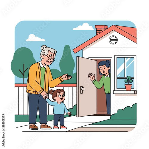 Family arriving at house, grandmother and child greeted by parent at open door