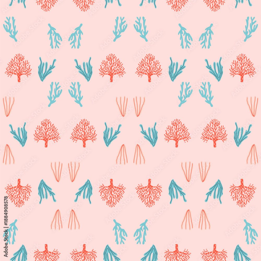 Fototapeta premium Seamless coral pattern with hand drawn marine plants on soft pink background, seamless pattern ideal for textile, wallpaper, packaging, surface design, ocean inspired decor