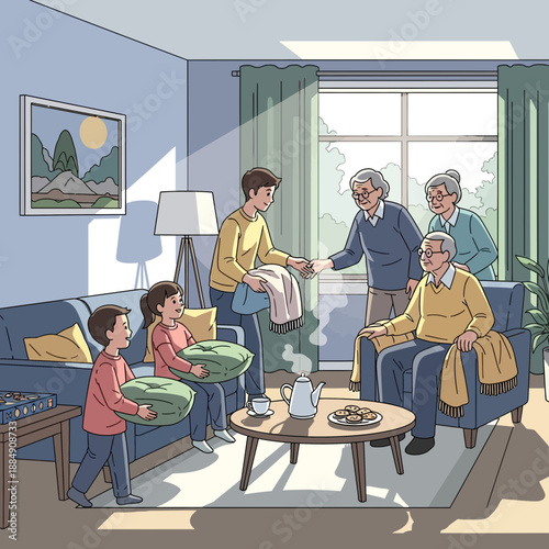 Generations gathering for tea and conversation in a cozy living room.