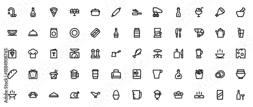 Kitchen Stuff icon set. Vector illustration of cooking and dining items. Includes faucet, pizza, blender, coffee, chef, utensils, fridge, barbecue and more. Editable stroke.