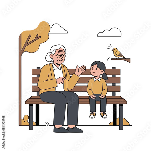 Grandmother and granddaughter on a park bench, talking with a bird