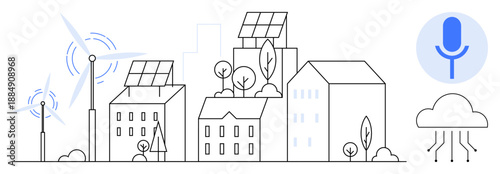 Smart cities, renewable energy, Internet of Things, sustainability, eco-friendly living, energy efficiency. Urban buildings with solar panels and wind turbines. Smart cities and renewable energy
