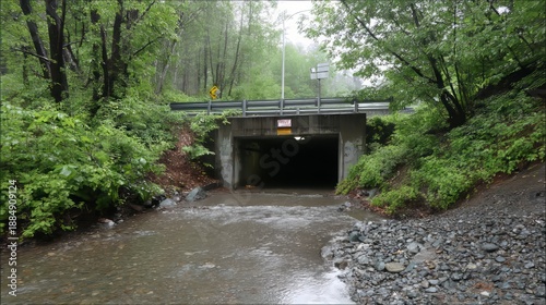 Stormwater Drainage Culvert Under Highway Surrounded by Lush Greenery and Water Flow