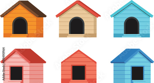 Colorful Dog House Kennel Set Vector Illustration Isolated on White Background for Pet Care and Animal Shelter Design