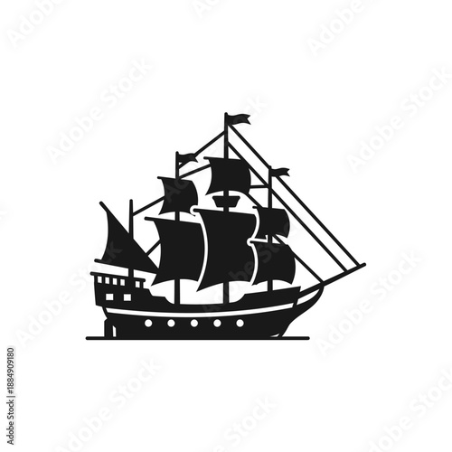Sailing Ship Silhouette Vector Illustration on White Background.