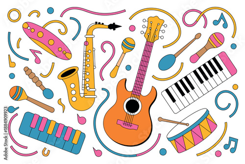 A colorful illustration of various musical instruments and notes on a white background