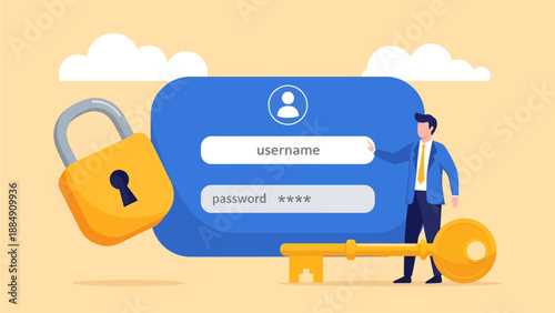 A vector illustration depicts a secure login interface with a large lock and key, symbolizing the importance of strong user authentication and data privacy