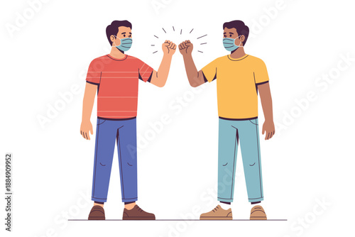Two men wearing face masks and bumping fists in a gesture of solidarity and friendship during a pandemic